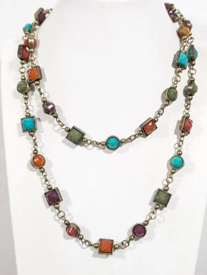 Premier Designs Chiclet Necklace Multicolor Beads Gold Tone Long Strand 38 in - Image 1 of 4