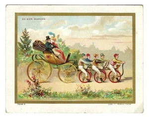 Victorian Trade Card French Au Bon Marche Nouveaux Systemes de Locomotion Minot - Bild 1 von 2
