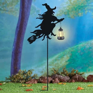 WITCH ON BROOM LANTERN SOLAR LIGHTED YARD STAKE - HALLOWEEN FALL HOME DECOR LITE - Picture 1 of 1