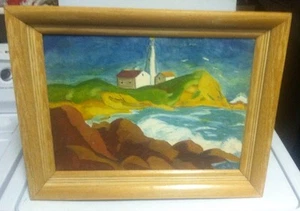 Mid Century Mod Seascape Lighthouse & Surf Rocky Coast "Vibrant Color" 12"x16" - Picture 1 of 5