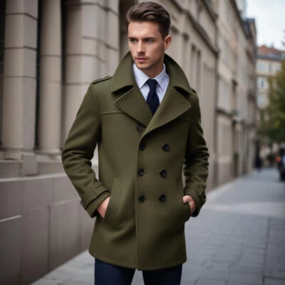 Abrigo Hombre Guisante Verde Mezcla Lana Doble Pecho Invierno Medio Largo Abrigo Foto 1 de 4