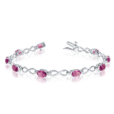 10K White Gold Oval Pink Topaz and Diamond Bracelet - Image 1 of 3