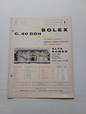 Solex carburatore C.40 DHH Alfa Romeo Giulia 1.6-Super-GTV 1968 catalogo ricambi - Immagine 1 di 3