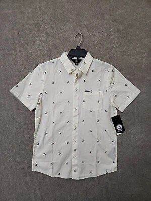 Volcom Patterson Button Up Shirt Mens S White Woven Short Sleeve Logo Cotton NEW - Image 1 of 4