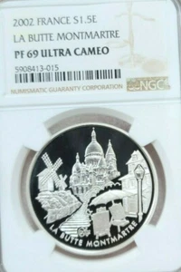 2002 FRANCE SILVER 1.5 EURO LA BUTTE MONTMARTRE NGC PF 69 ULTRA CAMEO TOP POP - Picture 1 of 4