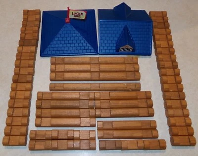 K'NEX Lincoln Logs Lot 61 Pieces Wood Logs Blue Hip/Gable Roofs LL National Bank - Image 1 of 4