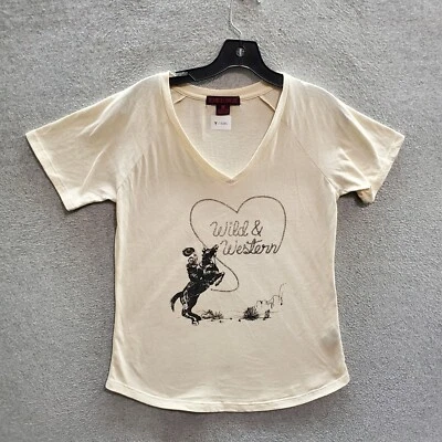 Rock & Roll Cowgirl Women Top Medium Beige T-Shirt Wild & Western Lasso V Neck - Image 1 of 4