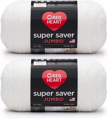 Red Heart Super Saver Jumbo 白色纱线 - 2 件装 396G/14Oz - 丙烯酸 - 4 Mediu — 第 1/4 张图片