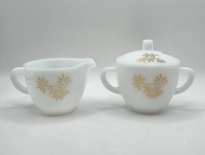 Vintage Federal Glass Golden Glory Milk Glass Creamer & Lidded Sugar Bowl Set - Image 1 of 4