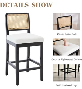 Counter Height Bar Stools, Farmhouse Rattan Bar Stool with Back, Upholstered - Picture 1 of 9