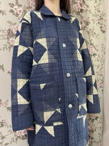 JINJI Japan Patchwork Sezane Style Quilted Coat Navy Poncho Sz 2 - Picture 1 of 19