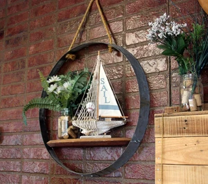 Barrel Hoop Hanging Wall Shelf – Rustic Wine Barrel Rope Shelf - Picture 1 of 7
