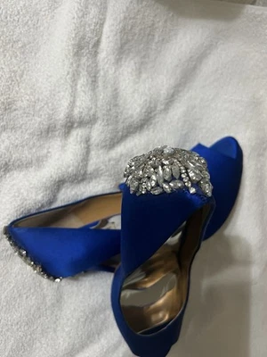 Badgley Mischka 皇家蓝色缎面露趾水晶珠宝鞋跟婚礼 [9.5] — 第 1/3 张图片