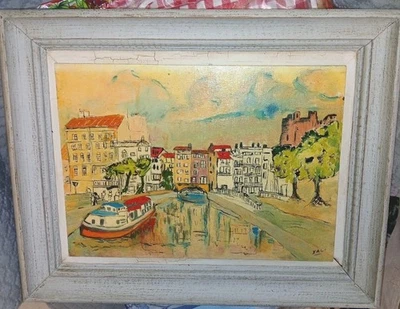 Tableau Huile sur panneau, Canal à Narbonne, Années 80. Signé XAL - Photo 1/4