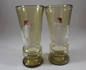 Antique Matching Pair Mary Gregory Green Tumbler Drinking Glasses or Vases 6 ½” - Picture 1 of 8