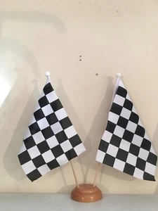 BLACK AND WHITE CHECK TABLE FLAG TWIN SET WOODEN BASE - Picture 1 of 1
