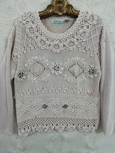 Vintage 80er Englisch Landhaus Bauernhof Charm Boho Rosa Perlen Band Pullover M - Bild 1 von 10