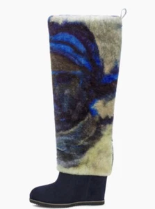 UGG x Claire Tabouret US 6 Fluff Dark Sapphire Fur Wedge Boots Womens  NEW - Picture 1 of 6