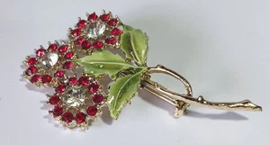 Vintage Gold-tone Brooch: "Wet" Red Rhinestone & Green Enamel Flowers - Picture 1 of 5