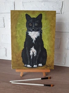 Black Cat Original Oil Painting Pet Art 12 by 9 Cat Green Eyes Fine Art - Picture 1 of 7