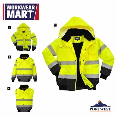 Portwest UC465 Hi-Vis Contrast Reflective Safety Work Fur Lined Bomber Jacket - Image 1 of 3