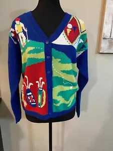 VTG British Open Women Golf Colorwork Knit Retro Cardigan Ramie Cotton Size S - Picture 1 of 17