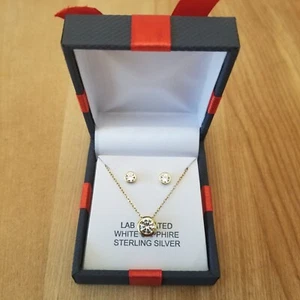 Lab Created White Sapphire Pendant And Earrings Set 14kt. Yellow Gold Over... - Picture 1 of 4