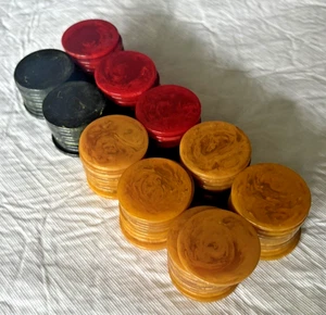 100 fichas de póquer de baquelita (Catalin) - rojo, azul y ámbar arremolinado, 1,5 pulgadas de diámetro - Imagen 1 de 13
