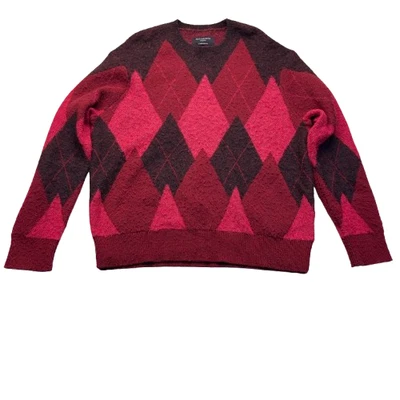 AllSaints Mens Knit Sweater Size M Red Argyle Wool Blend Oversize Crew Neck - Image 1 of 3