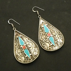 Turquoise Coral Gemstone Drop Dangle Tibetan Earrings Jewelry Gift 2.4" AE-95294 - Picture 1 of 1