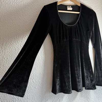 VINTAGE 90s M Black Velvet Bell Sleeve Top w Slits and Bust Stretchy Comfy GOTH - Image 1 of 4
