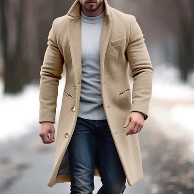 Mens Winter Lapel Trench Coat Long Overcoat for Business and Casual Wear - Image 1 of 4