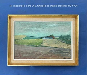 Ruth Falk (1923) Homestead en medio de campos rodantes. Aceite moderno danés años 50. Certificado de autenticidad - Imagen 1 de 6