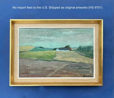 Ruth Falk (1923) Homestead en medio de campos rodantes. Aceite moderno danés años 50. Certificado de autenticidad Foto 1 de 4