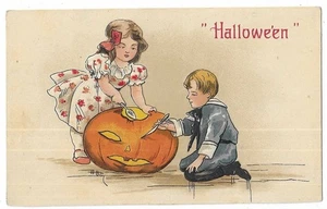 Postal de Halloween firmada por artista HBG niño y niña tallado JOL - Imagen 1 de 2