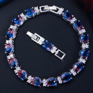 New Xmas Gift Oval Bi Color Tourmaline Gemstone Charm Silver Women Bracelets - Picture 1 of 6