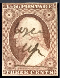 US 11A 3c 1851 Washington type II brownish carmine PF cert "use(d) up" cancel - Picture 1 of 3