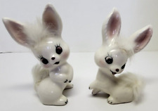 Vintage Bunnies Pair White Bunny Fur Ceramic UCAGCO Japan Kitschy Couple MCM