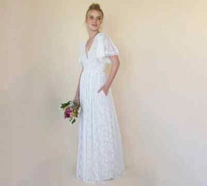 Boho Lace Wedding Gown • Empire Waist, V Neck, Bell Sleeves • XS NWT - Picture 1 of 9