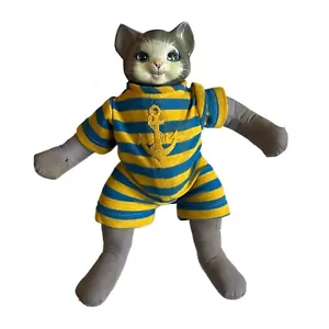 Vintage Porcelain Head Posable Kitty Cat Hand Painted Striped Sailor Plush Body - Picture 1 of 11