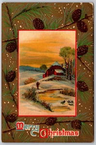 Postcard Merry Christmas Snowy Farm Scene Duck Pond Pine Cones - Bild 1 von 2