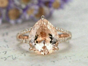 2.50Ct Pear Lab Created Morganite Solitaire Engagement Ring 14K Rose Gold Finish - Picture 1 of 4