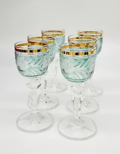 Set Of 6 Glasses, Cut To Clear, Green, Bohemia Crystal, Vintage, 24k Rim, 4"h - Picture 1 of 8