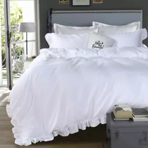 White Ruffle Duvet Cover Queen 100% Washed Cotton Farmhouse Shabby Boho Chic Bed - Picture 1 of 6