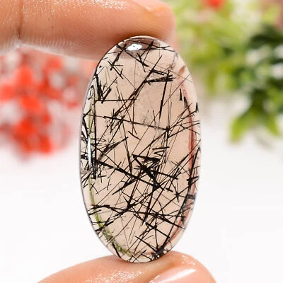 Natural Black Rutile Quartz Gemstone 26.5 Ct. Oval Artisan Cabochon 34X18X5 mm - Image 1 of 4