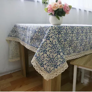 Retro Blue and White Porcelain Cotton Linen Tablecloth Lace Table Cloth Cover - Picture 1 of 21
