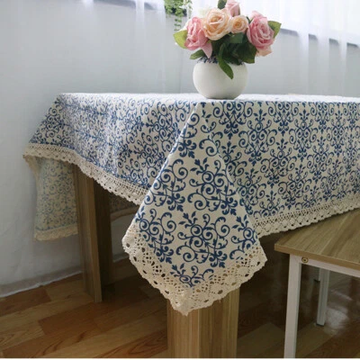 Retro Blue and White Porcelain Cotton Linen Tablecloth Lace Table Cloth Cover - Image 1 of 4