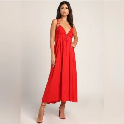 Vestido maxi Lulus Confidence Check cetim vermelho amarrar costas tamanho GG evento festa casamento - Imagem 1 de 4