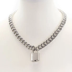 Silver Cuban Chain Choker Style Necklace With Real Pad Lock Key Sid Vicious Punk - Picture 1 of 8