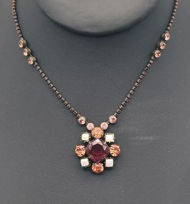 Vintage Sorrelli Necklace Antiqued Gold Brass Swarovski Crystals Colorful 16.5" - Image 1 of 4
